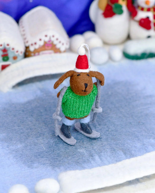 Tara Treasures | Felt Dog with Knitted Sweater on Skis