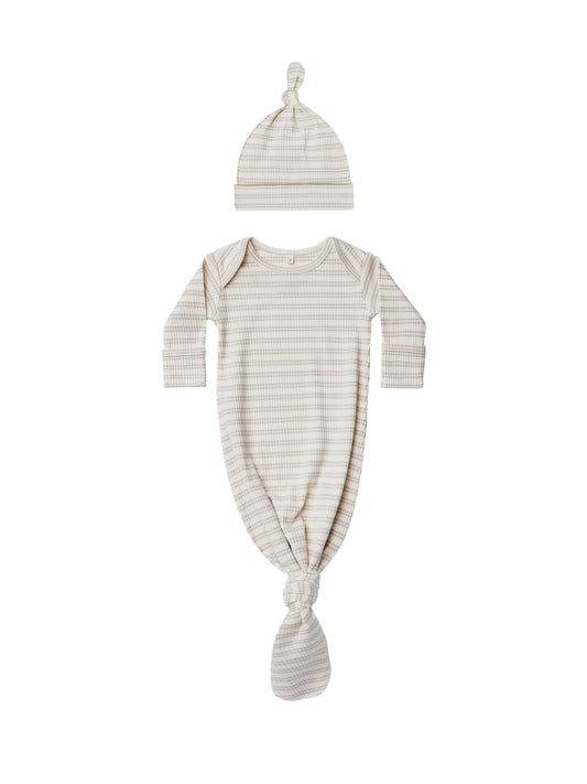 Quincy Mae | Knotted Baby Gown & Hat Set (Silver Stripe)